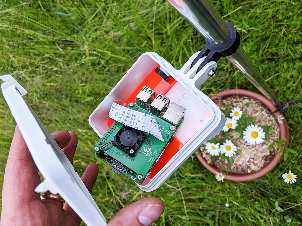 Open self-assembled camera, mounted on a pole above a pot of attractant plants.